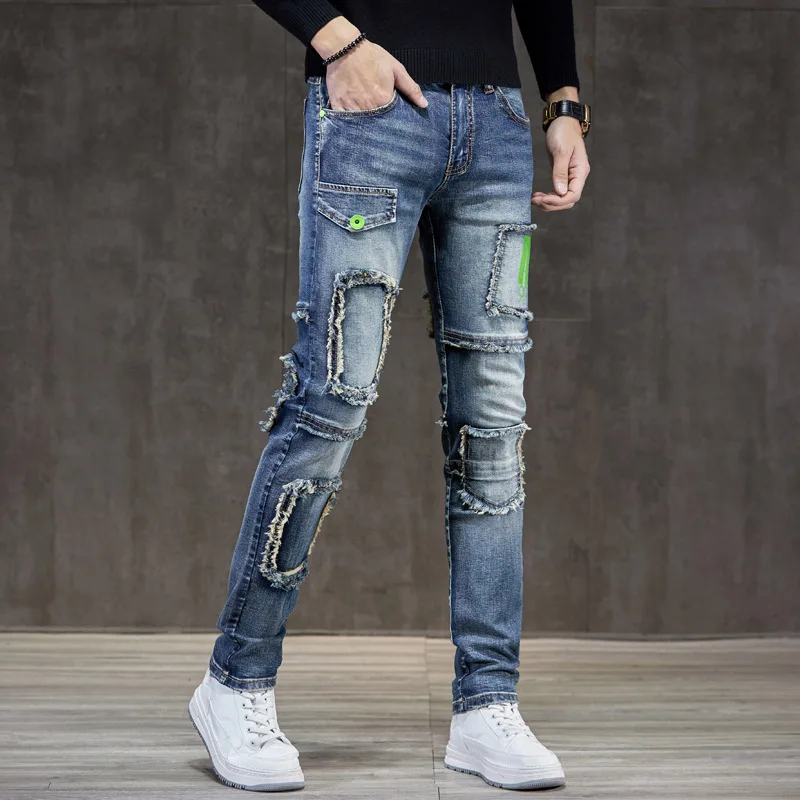 2024New American High Street Jeans Men's Locomotive Style Fashion Personality Slim Fit Patchwork Stitching Trousers