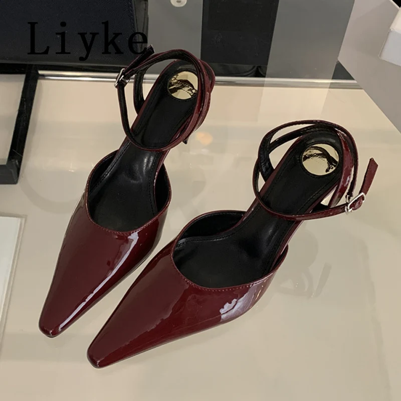 Liyke Summer Fashion Ankle Buckle Strap Sandal Women Pumps Elegant Pointed Toe Stiletto High Heels Mules Lady Party Dress Shoes