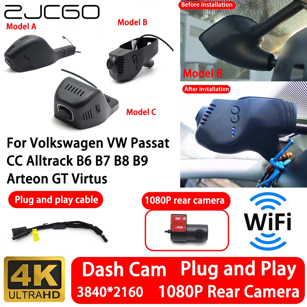 

for Volkswagen VW Passat CC Alltrack B6 B7 B8 B9 Arteon GT Virtus 4K 2160P Front Rear Camera Dash Cam Wifi Plug and Play