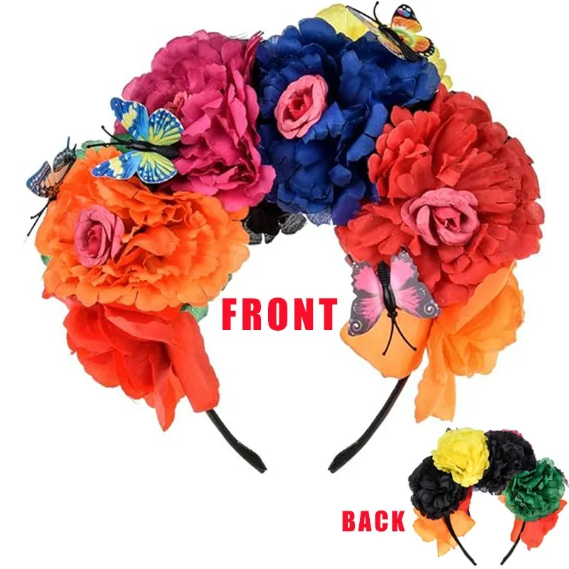 Diadema de Flores Mexicanas para el Día de Muertos, Corona de Rosas para Disfraz de Frida, Cosplay Lolita
