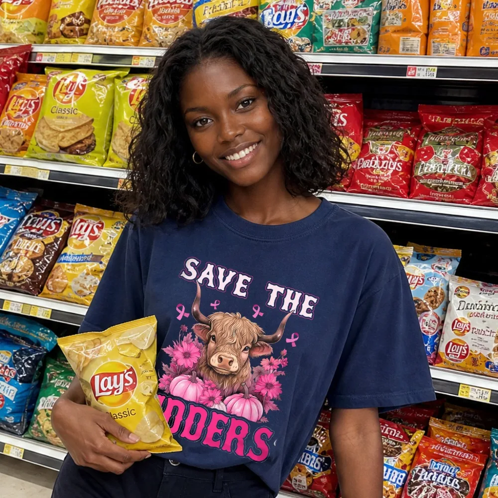 October Save The Udders Pink Ribbon Highland Cow Breast Cancer Awareness Women's Cotton Short Sleeve T-Shirt Women Clothing