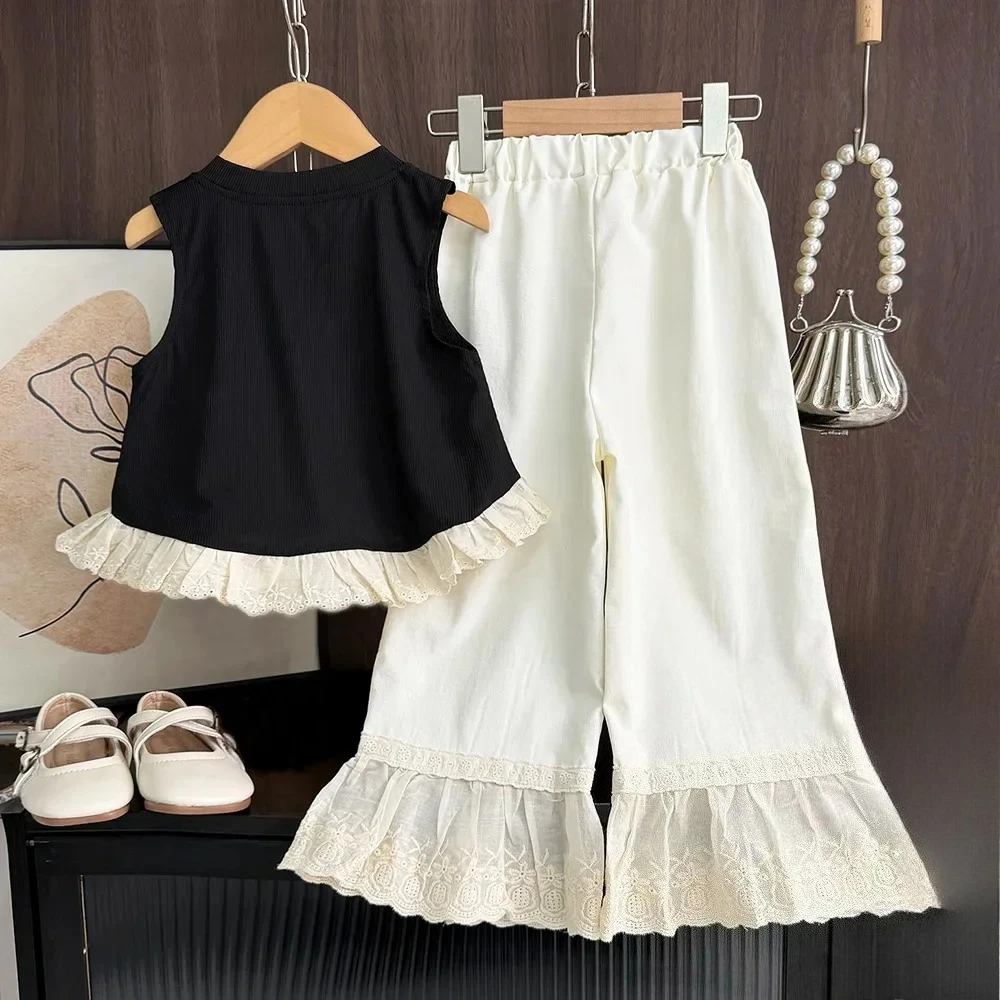 Summer Street Style Fashionable Children's Clothing Girls' Clothes Bow Decoration Black Sleeveless Top and Lace Patchwork Pants