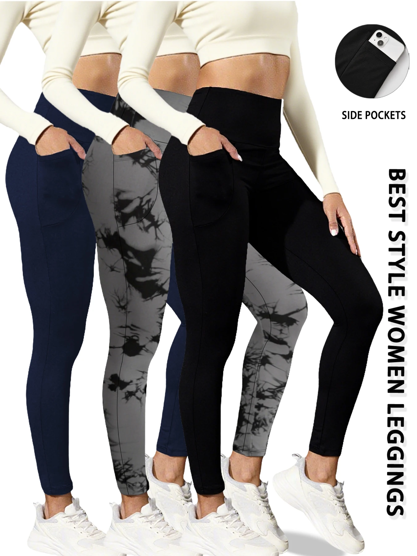 

Комплект из 3 супермягких леггинсов с карманами для женщин, брюки для бега с высокой талией для тренировок, йоги, леггинсы