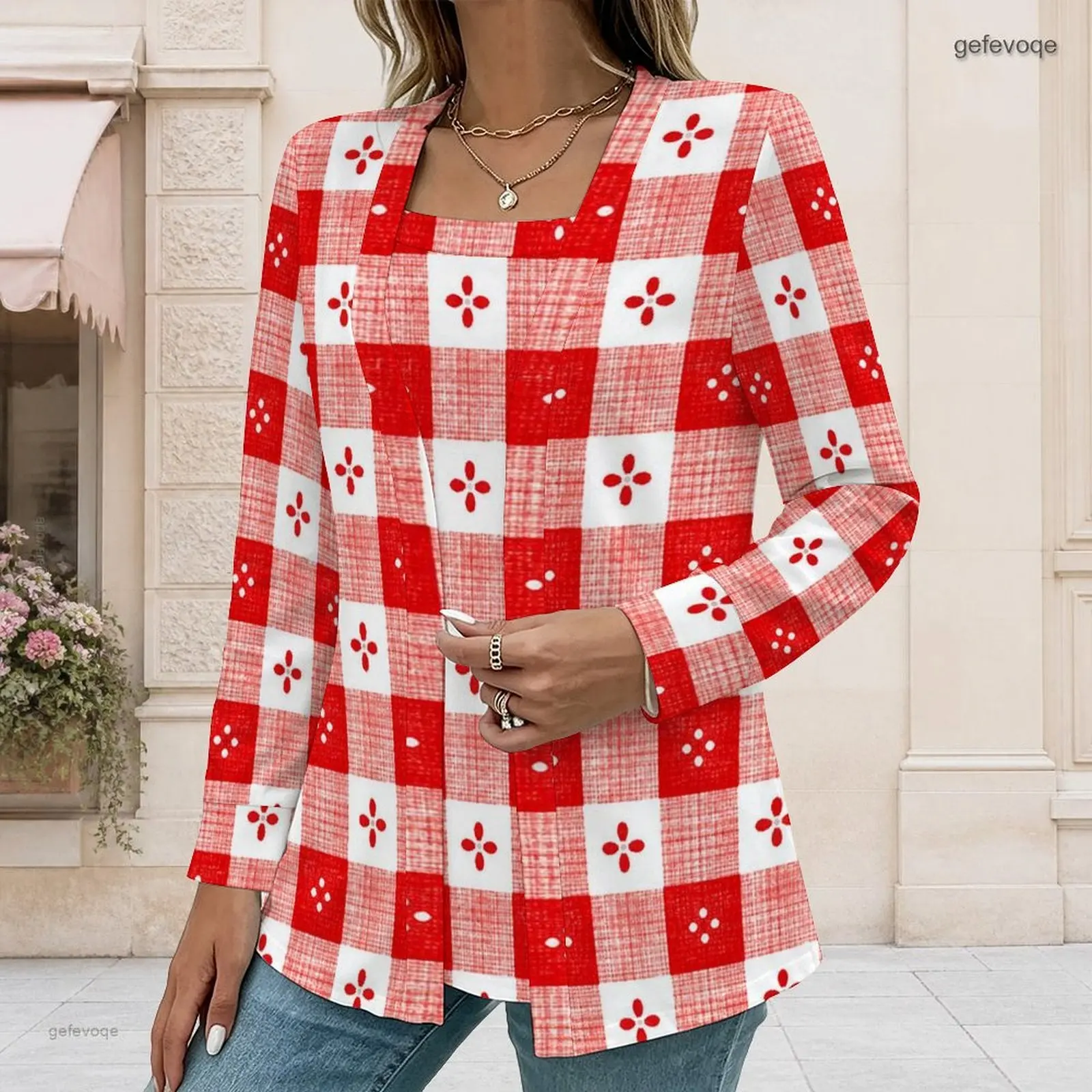 Square Neck Inner Top Long Sleeve Open Front Outer Top Two Piece Printed Top Set for Women