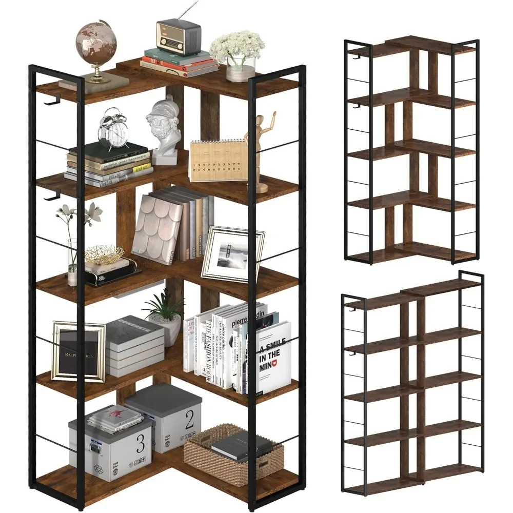 

Modern Wood Bookcase with 2 Hooks - Industrial Corner Bookshelf with Adjustable Shelves