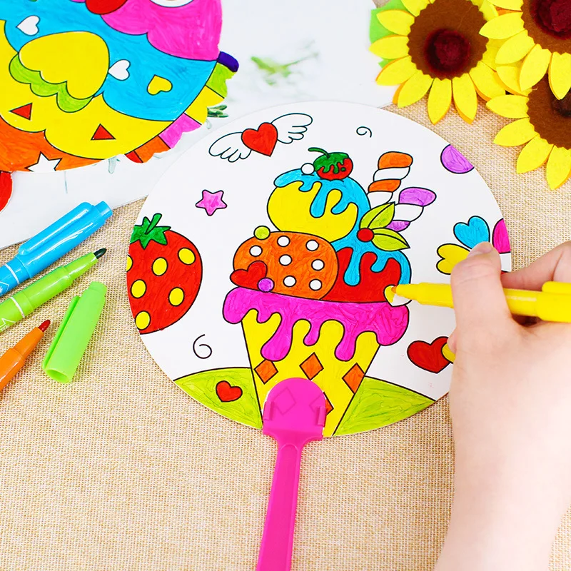 1pcs Children\'s Handmade DIY Painting Blank Fan Cartoon Paper Fan Hand-painted Graffiti Painting Coloring Fan Kindergarten