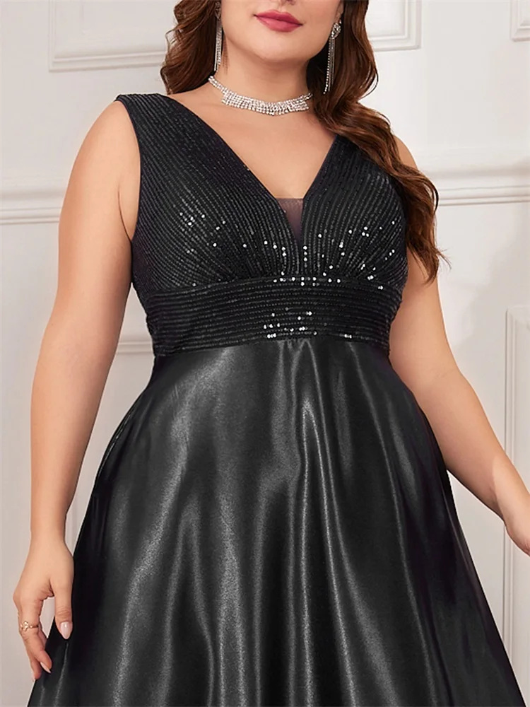 XUIBOL Plus Size Elegant Sequins Evening Dress For Women 2024 Deep V-neck Satin Prom Party Black Dress Floor Length Formal Gowns