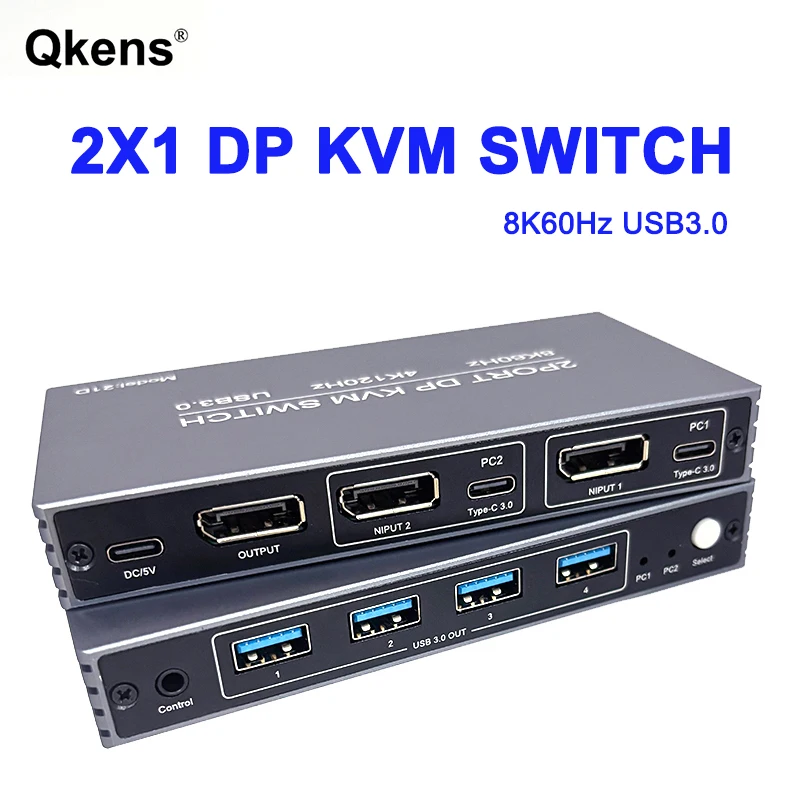 

2-портовый KVM-переключатель DP 8K 60 Гц с 4-портовым USB3.0 KVM-переключателем DisplayPort 4K 120 Гц для совместного использования мыши, клавиатуры и монитора между 2 компьютерами