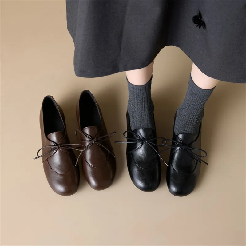 New Spring Autumn Split Leather Women Shoes Fashion Round Toe Shoes for Women Low Heels Lace Women Pumps Handmade Loafers Shoes