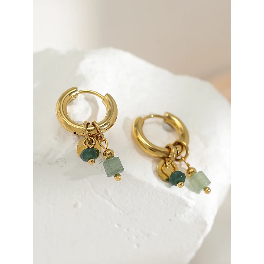 YACHAN 18K Gold Plated Stainless Steel Hoop Earrings for Women Vintage Green Natural Stone Charms Trendy Waterproof Jewelry