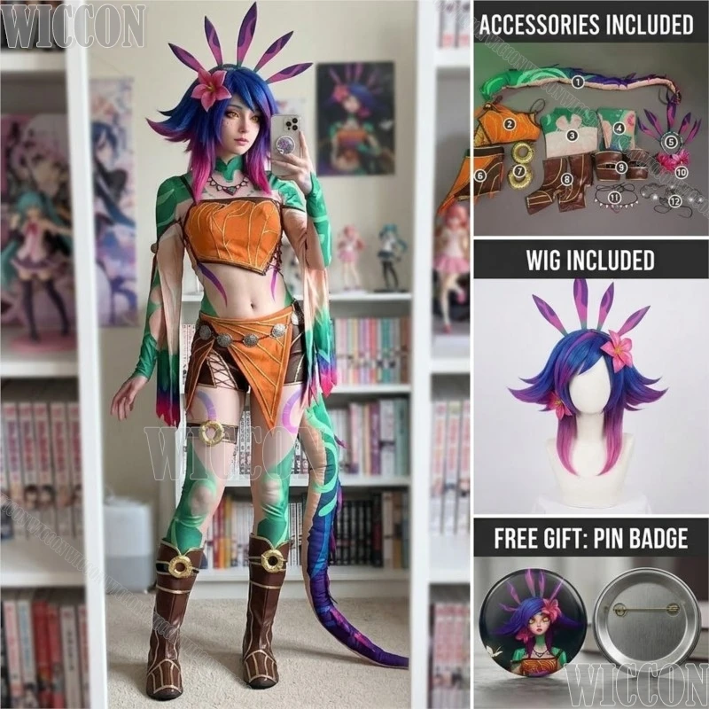Disfraz de Cosplay de Neeko League Game Legends, Vestido Naranja y Verde, Disfraz de Elfa Sexy, Peluca Morada, Accesorios de Ropa, Disfraz de Halloween Comic Con