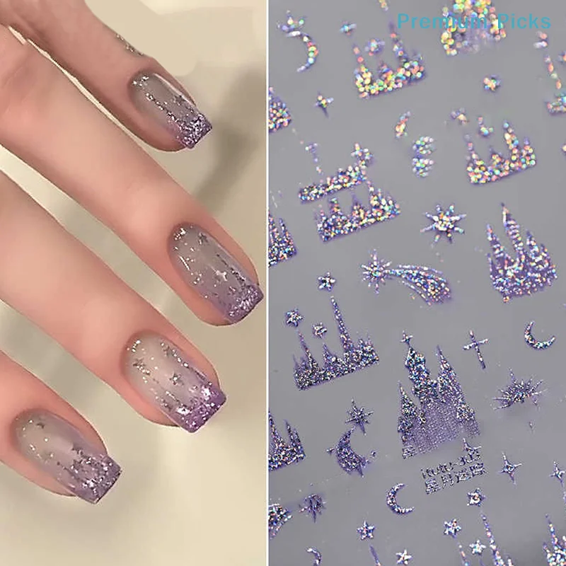 portableEmbossed Nail Stickers Colorful Starry Sky Moon Castle Nail Decoration Decals Diy Self Adhesive Transfer Slider