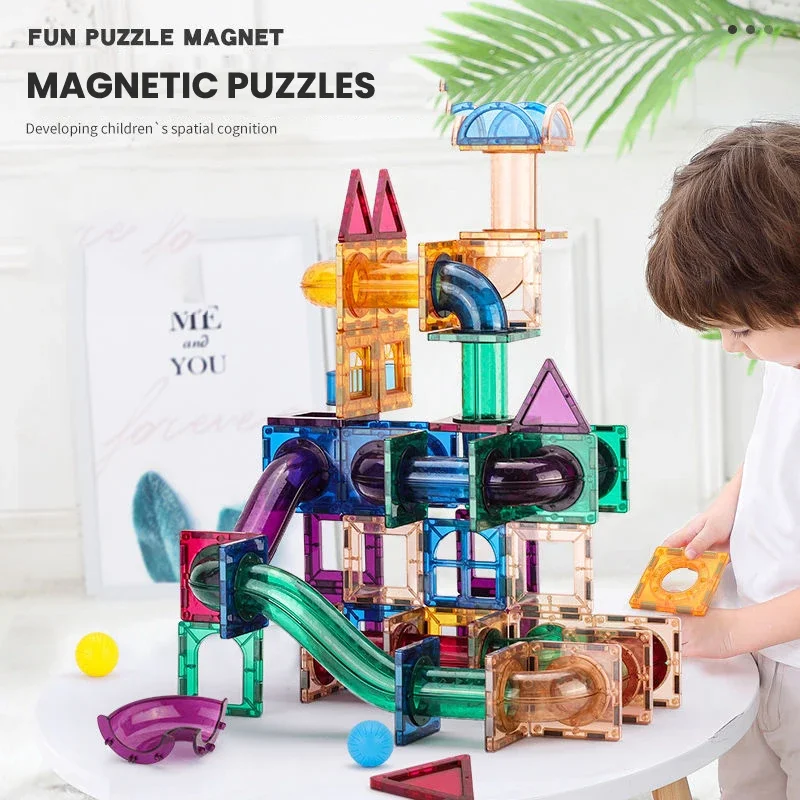 Magnetic Sheet Building Block Designer Magnet Maze Race Run Ball Marble Track Funnel Slide Brick Education DIY Toys For Children