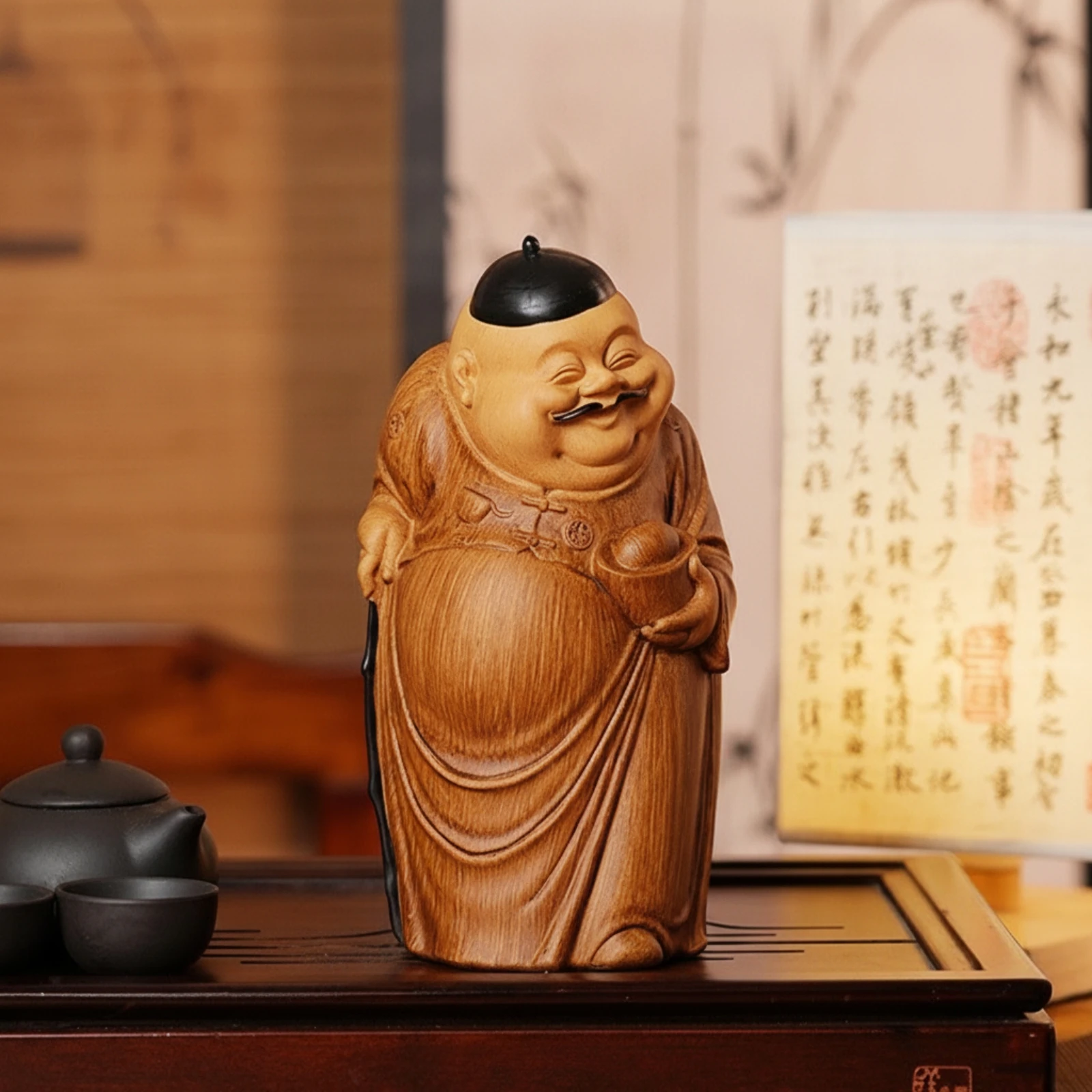 Wood-Grain Figurine Traditional Chinese Robed Figure Statue Tabletop Ornament Carved for Art Lovers, Living Room, Tea Table