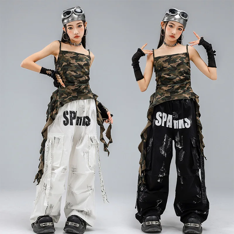 

Kid Kpop Hip Hop Clothing Camo Srap Camisole Ruched Tank Top Black Casual Parachute Cargo Pants for Girl Dance Costumes Clothes
