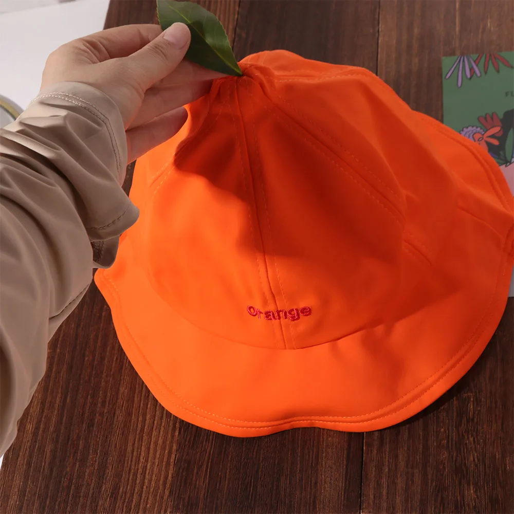 

Quick-dry Orange Fisherman Hat Cool Cotton Creative Orange Bucket Cap Big Brim Sunscreen Embroidered Letter Sun Hat