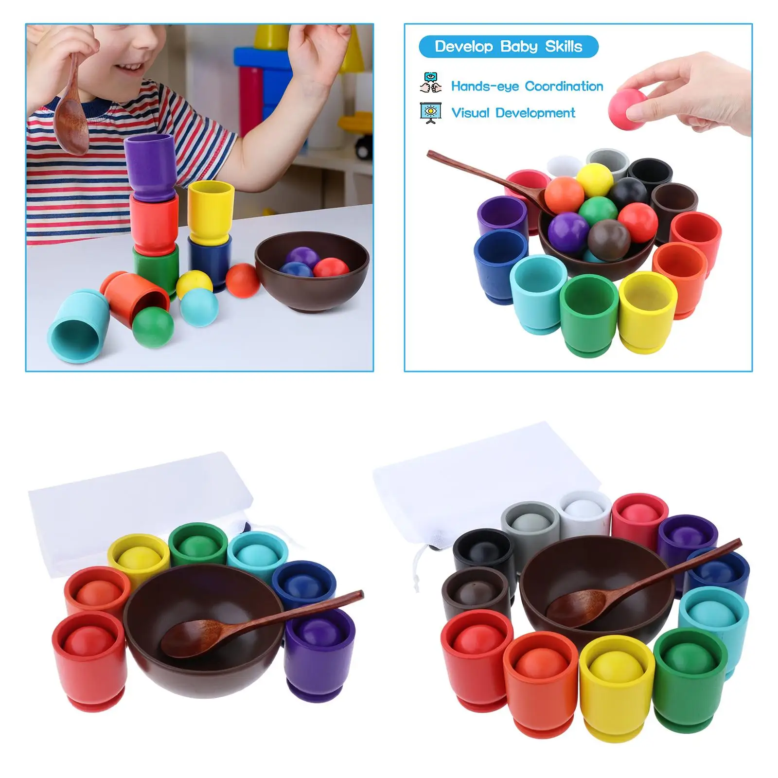 Rainbow Balls in Cups Montessori Toy Wooden Sorter Game Color Sorting and Counting Preschool Learning Education