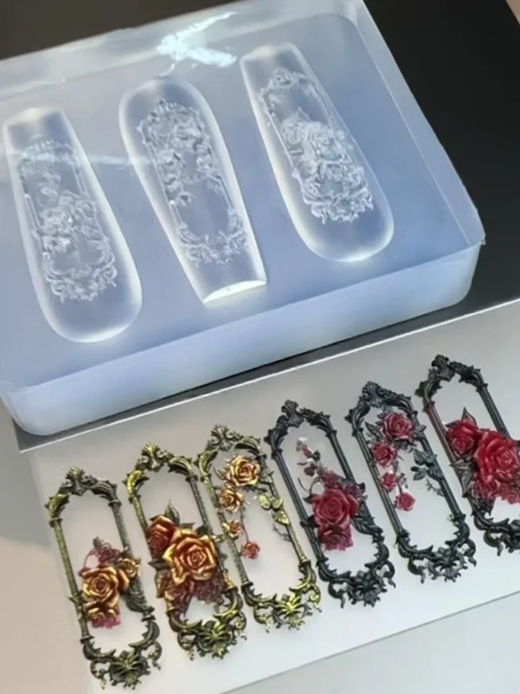 1Pc  Retro 3D Nail Molds Window Frame Rose Flower Frame Nail Mold 3D Carving Silicone Template DIY Manicure Decoration Tools`~
