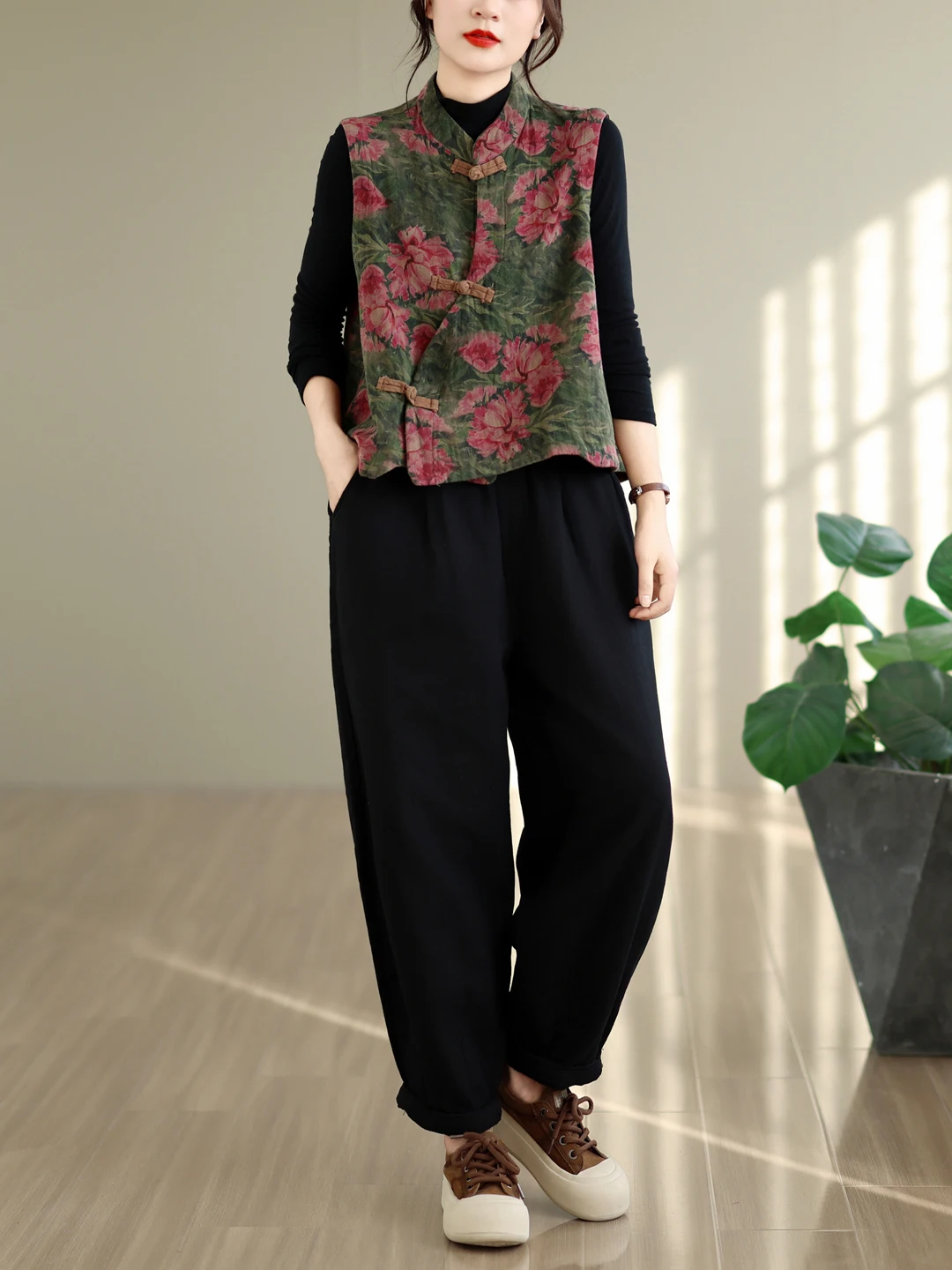 Retro Print National Style Buttonless Sleeveless Vest Women's Early Autumn Casual Harlan Pants Versatile Loose Fit Outerwear