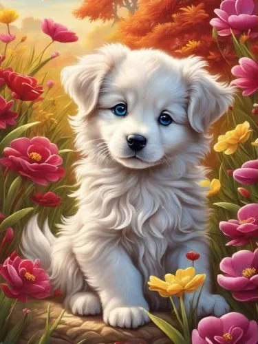 

Warm Autumn Floral White Fluffy Puppy Jigsaw Puzzle, Fall Wildflower Field Cute Pet Home Wall Decor