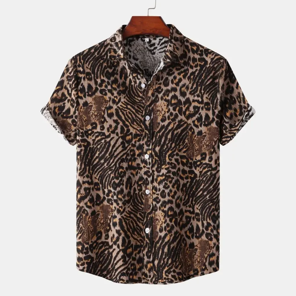 

Men's Summer Versatile Fashion Leopard Print 3D Print Short-Sleeve Shirt Street Style Turn-Down Collar Casual Button Shirt