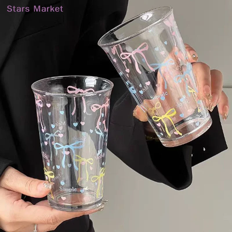 New Bow Glass Cute Water Cup Cartoon Bow Glass Cup Striped Cute Doodle Coffee Mug Household Fruit Tea Lemonade Girls Gift
