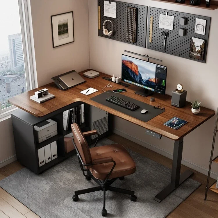 

Угловой стол на четырех опорах, электрический подъемный стол L-образной формы, кожаный, из массива дерева, 2026Furniture