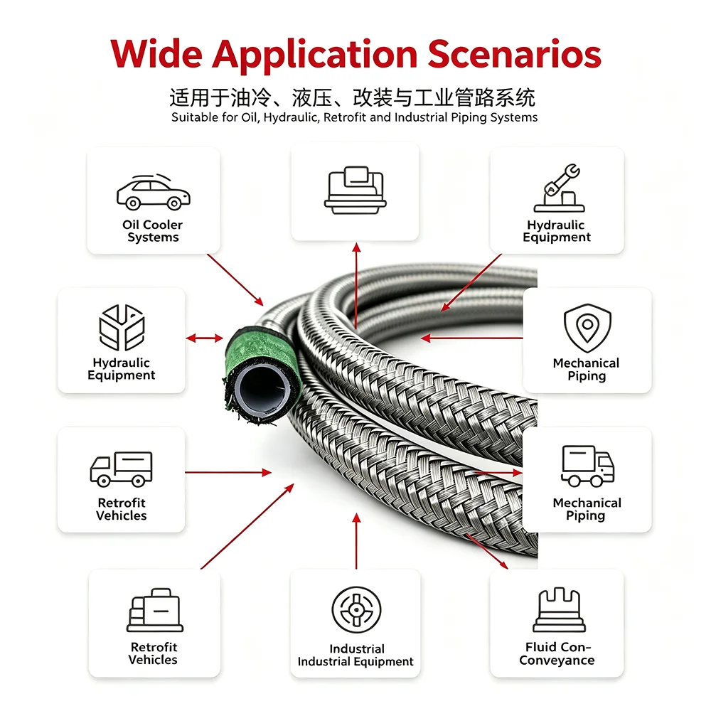 Automotive universal hose 1-10m nylon stainless steel braided PTFE brake fuel cooling pipe AN4 to AN16, suitable for automobiles