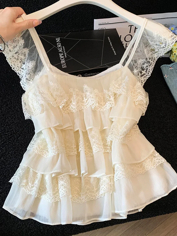 Elegant Lace Splice Bell Sleeve Strap Vest Women's Summer Outerwear Slimming Sleeveless Top Commute Style Polyester Fiber