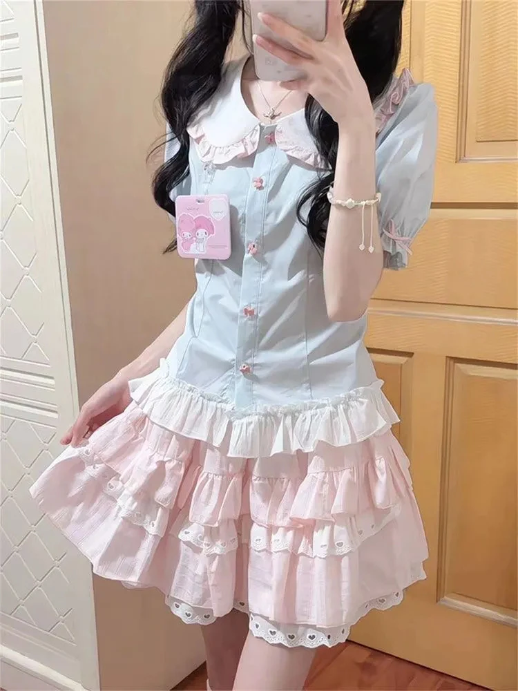 

Preppy Style Sweet 2 Piece Sets Women Korean Cute Puff Sleeve Patchwork Shirt Casual Lace Patchwork A Line Mini Lady Cake Skirts