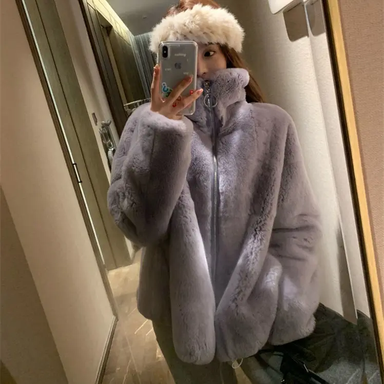 Korean Version with Thick Cotton and Medium To Long Stand Up Collar, Loose Fit, Internet Famous  Student Fashion Furry Fur Coat