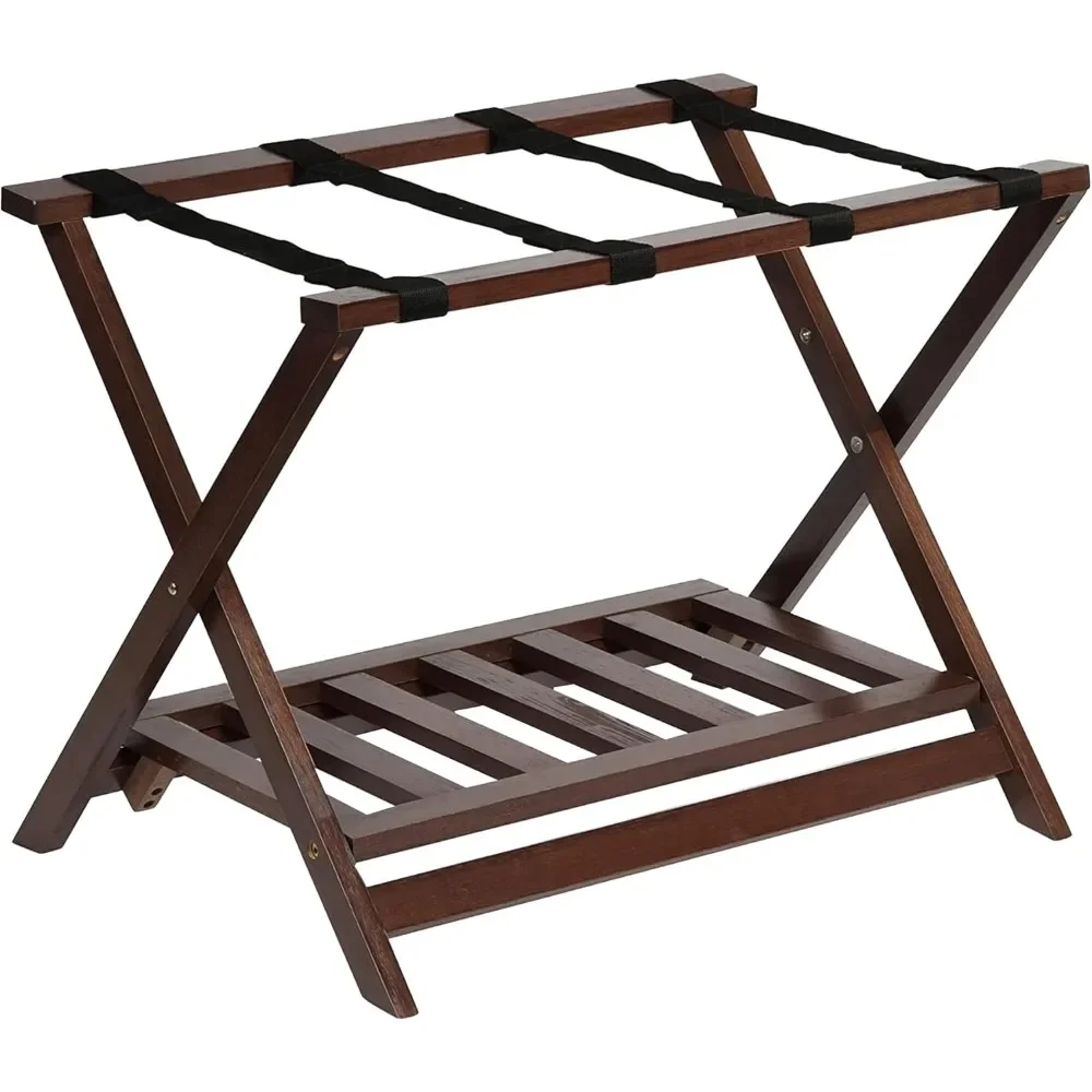 

PJ Wood Portable Solid Walnut Folding Luggage Rack w/Bottom Shoe Storage Shelf for House Guests or Travel, (2 Pack）