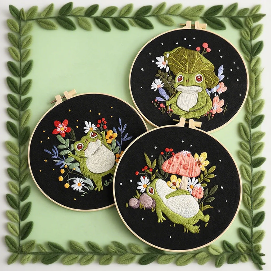 

DIY Embroidery Kit with Hoop Cross Stitch for Beginner Frog Mushroom Design Art Craft Needlework Starter Kit with Instruction