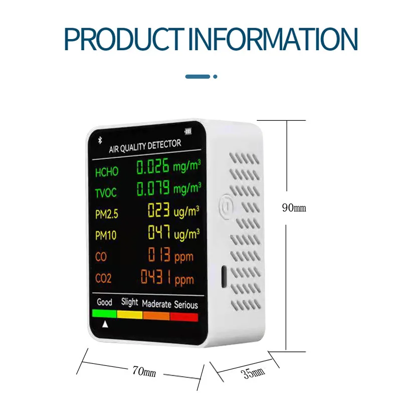 6 in 1 PM2.5 PM10  HCHO TVOC  CO2 CO Air Quality Detector CO2 Formaldehyde Monitor Home Office Gas Analyzersr