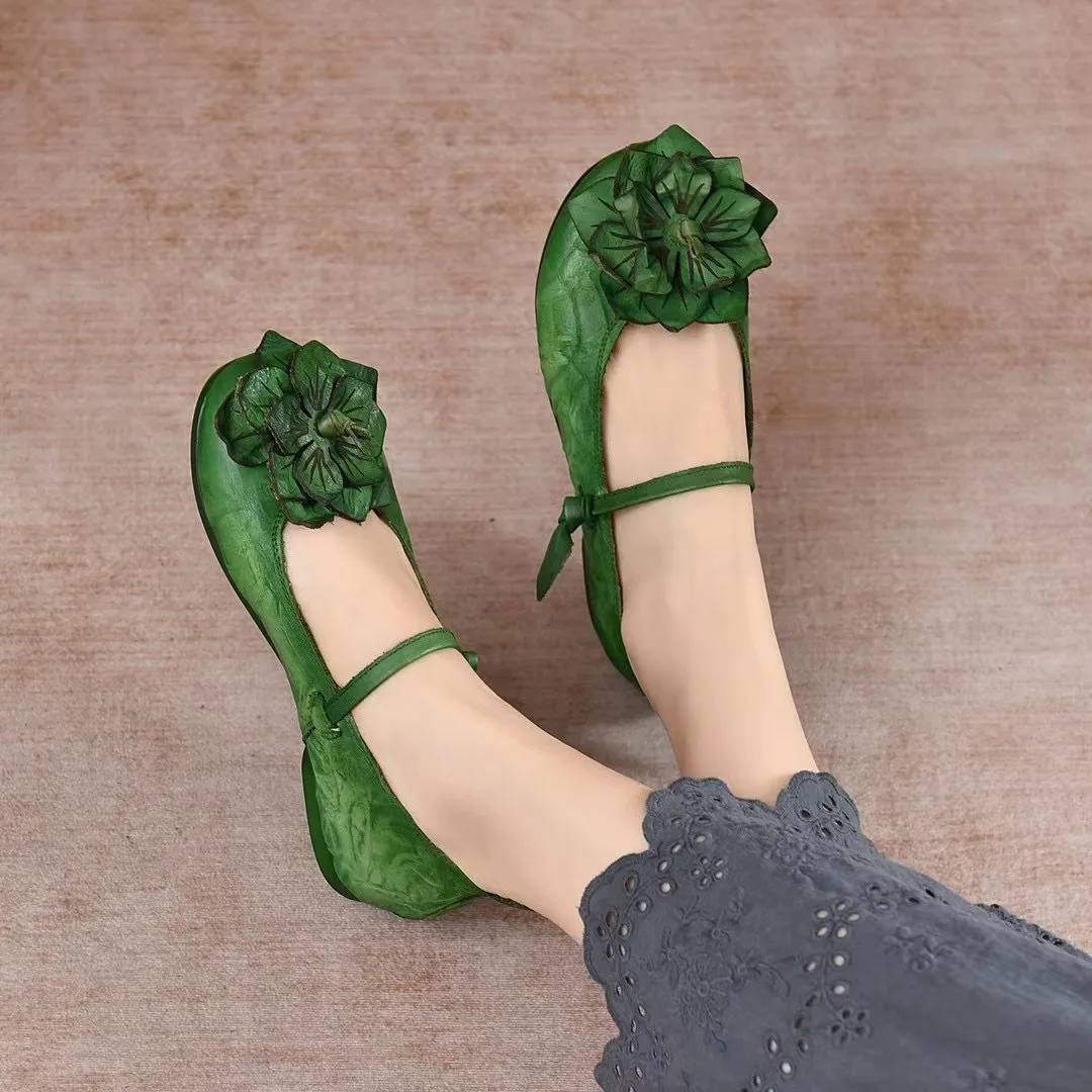 

Birkuir Retro Mary Jane Flats Flowers Shoes For Women Genuine Leather Soft Soles Ladies Button Luxury Low Heel Walking Shoes