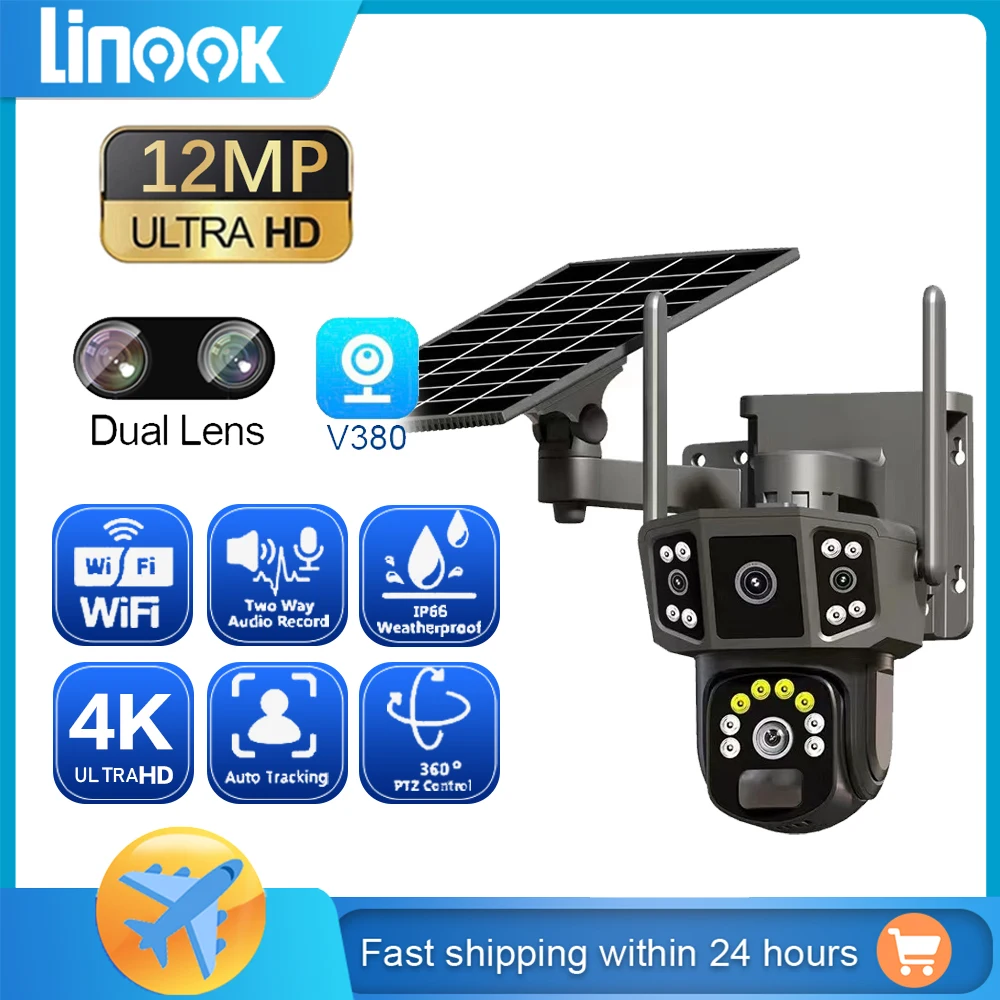 Linook V380, 10X, 4K 듀얼 렌즈, 옥외 보안 웹캠, 무선 와이파이 태양광 CCTV, 4G sim 태양광 카메라, CCTV 