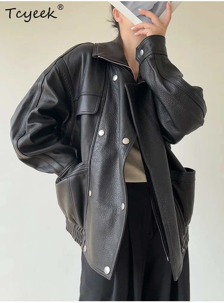 Tcyeek veste en cuir véritable femmes printemps automne vêtements en peau De mouton naturelle manteau en cuir femmes manteaux coupe ample Jaqueta De Couro