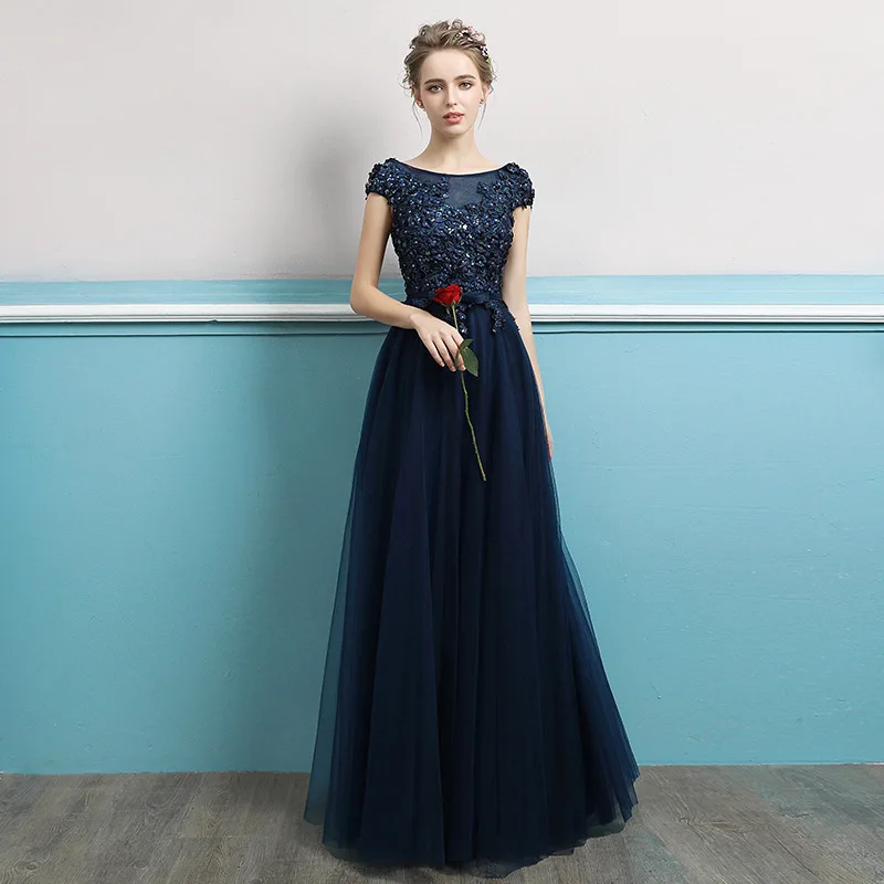 Elegant Navy Mother of the Bride Dress Scoop Open Back Floor Length Long Evening Dress