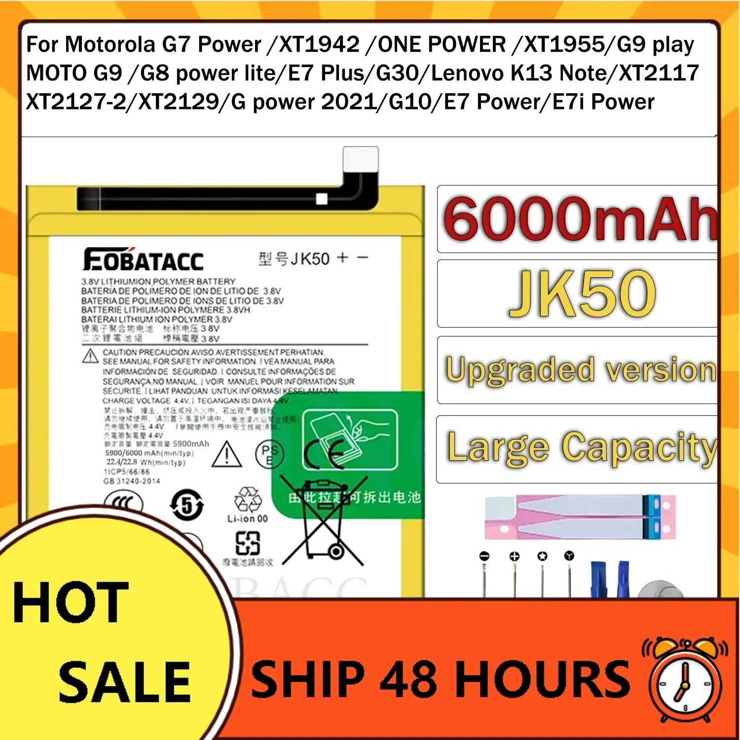 EOTABACC 100% New Original Battery JK50 For Motorola G7 Power/G8 power lite/E7 Plus/G9 play/MOTO G9 6000mAh Battery + Free Tools