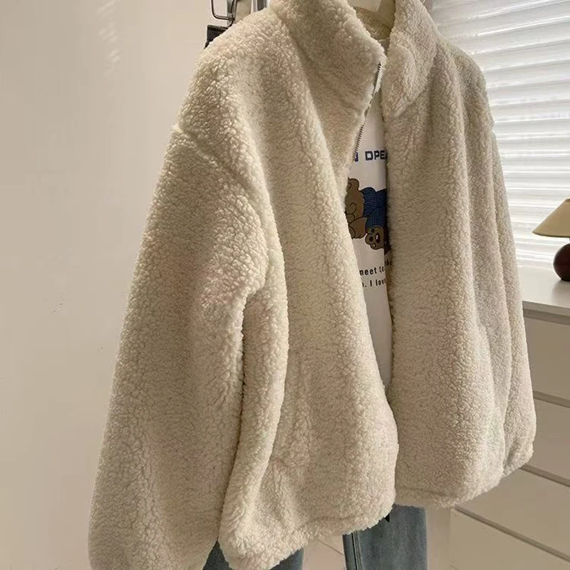 

Stand Up Collar Fur Coat for Women Autumn Winter Lamb Wool Thick Casual Zipper Jackets Warm Fleece Full Sleeve Outerwear