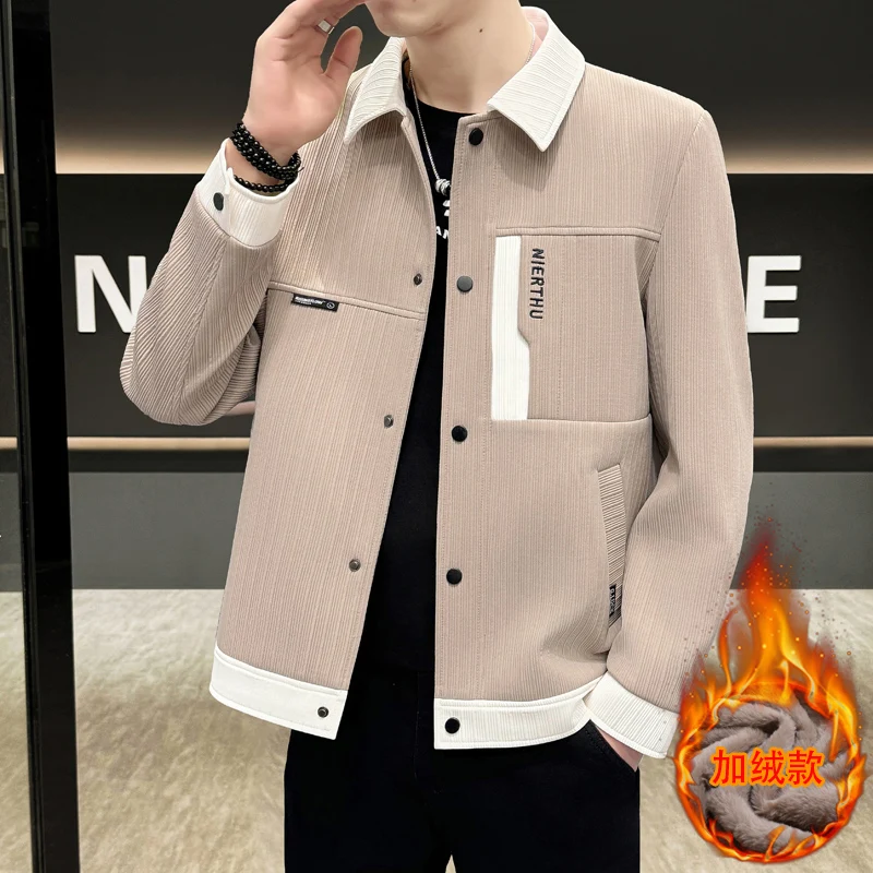 Fashion Men\'s Slim Turn-Down Collar Fleece Jackets 2026 Autumn Winter Youth Streetwear Windproof Warm Button Plush Parkas Coats
