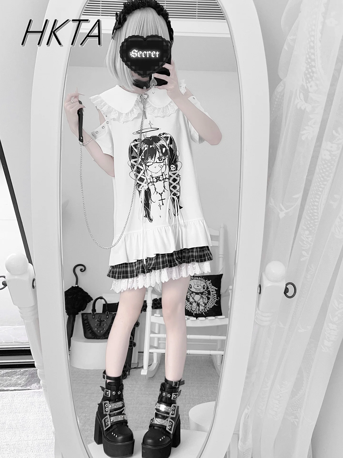 Robe blanche imprimée à bretelles dénudées pour filles, Style sous-culture, col de poupée doux et Cool, Patchwork, t-shirt Long pour femmes, nouvelle collection