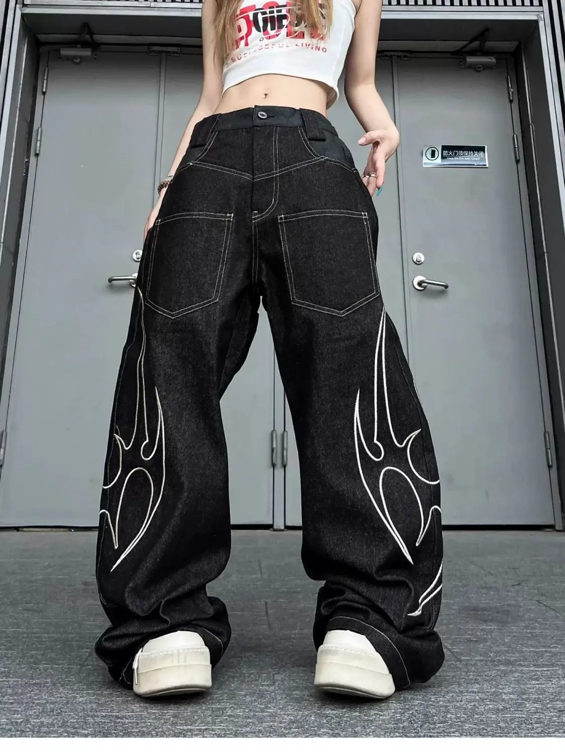 Women's Totem Print Pattern Street Wide Leg Jeans Cool Girl Bottoms Casual Denim Pants Female High Waist Unisex Baggy Trousers