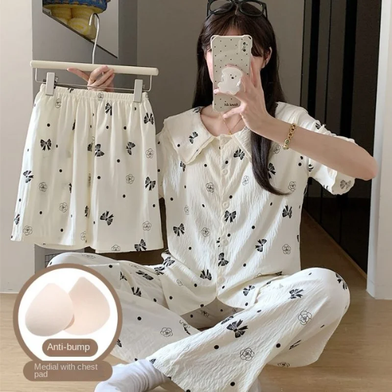 Bow Tie Dotพิมพ์ชุดนอนสตรีชุด 2025 ฤดูร้อนใหม่หวานCoolแฟชั่น 3 PCชุดสตรีชุดนอนสบายๆสไตล์เกาหลีสวมใส่