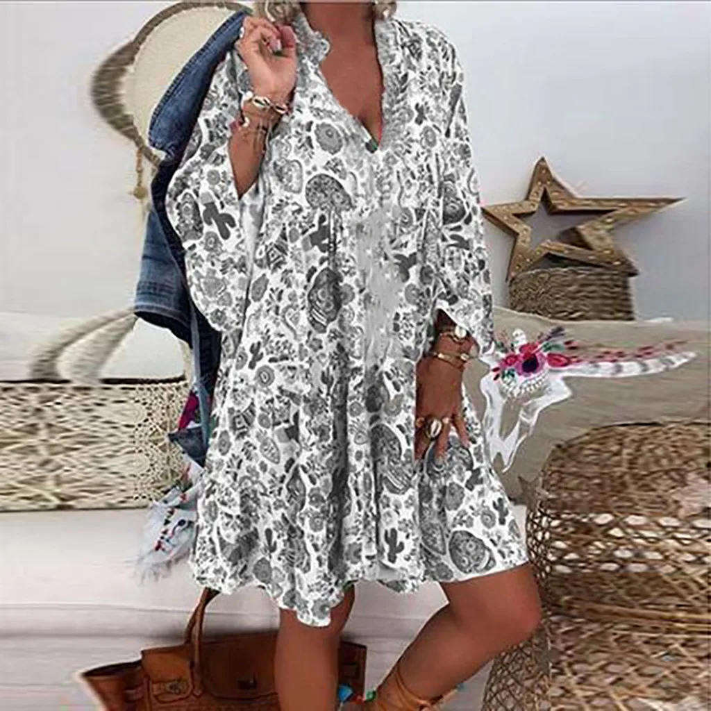 Fashion Button Loose Floral Print Ladies Long Sleeve Women'S Plus Size Mini Dress V-Collar Women'S Holiday Party Dress