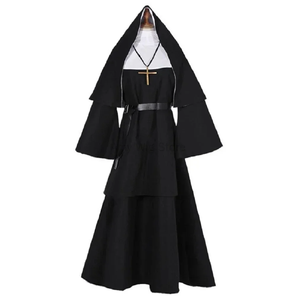 Disfraz de Monja para Mujer, Disfraces de Halloween Aterrador, Traje de Monja de Talla Grande para Fiesta, Disfraz de Sacerdote Unisex para Hombre, Vestido Largo de Fantasma para Adulto