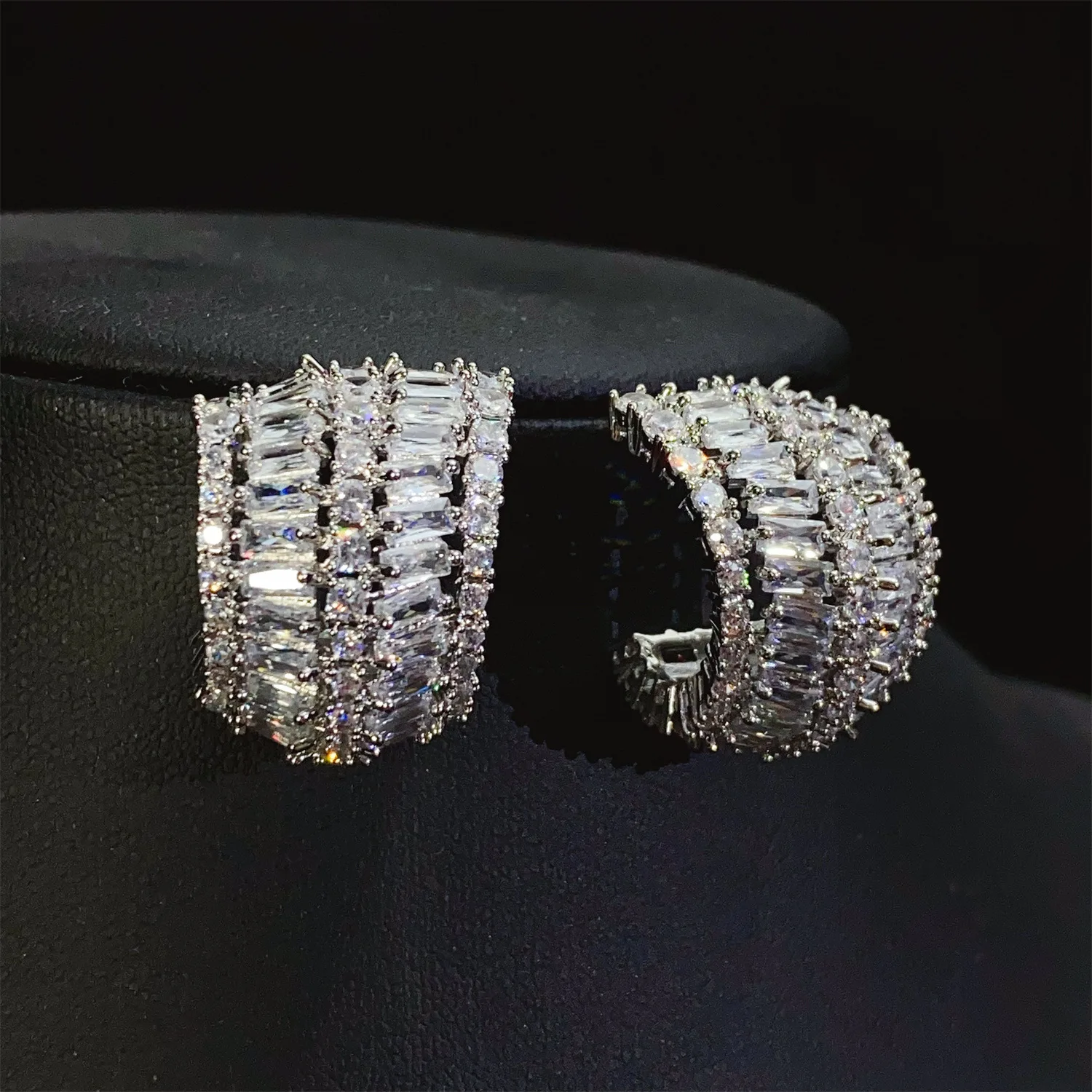 

elegant shiny earrings silver gold color jewelry zirconia C shape earrings women office lady daily wear party jewelry