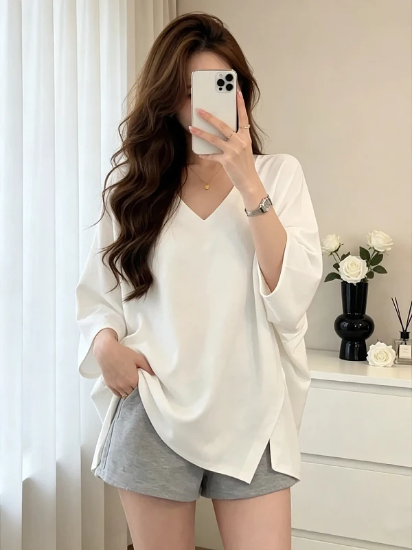 plus Size Women's Batwing Sleeve V-Neck Asymmetrical Short Sleeve T-Shirt Summer New Loose Slimming Design Sense Top