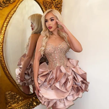 Lila rosa kurze Cocktailkleider, glitzernde Perlenrüschen, Minilänge, formelle Partykleider, Damen-Geburtstagskleid