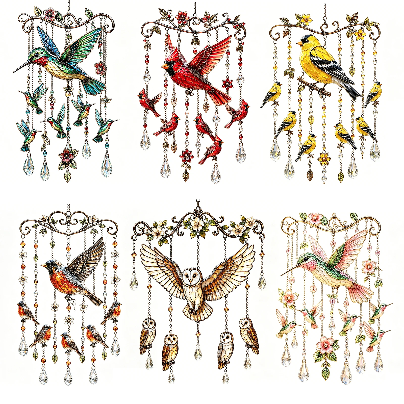 Graceful Bird Wind Chime with Crystal Pendants Metal Hanging Wind Chimes Colorful Bird Hanging Ornaments for Outside